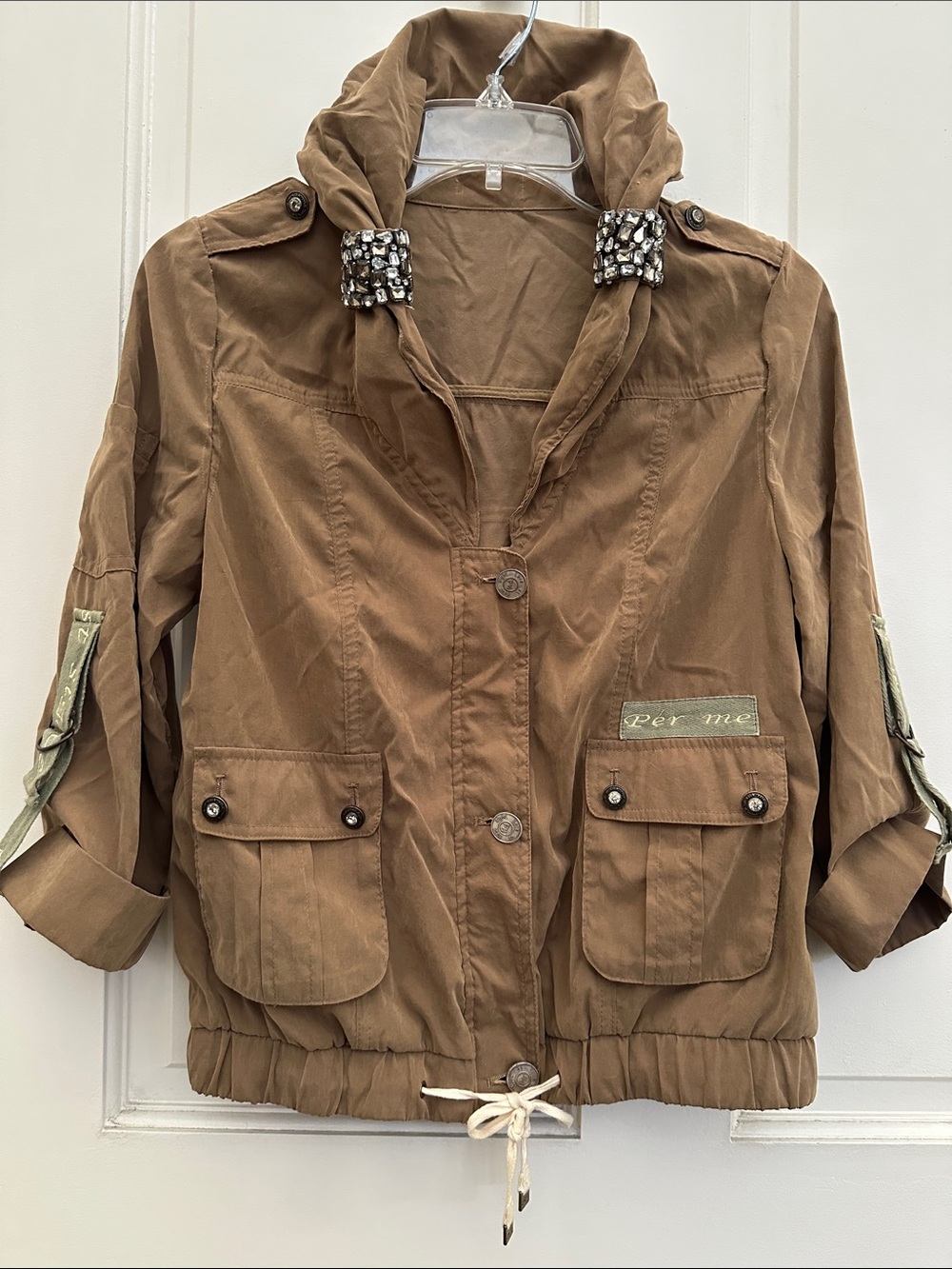 Chic Brown Utility Jacket with Rhinestone Embellished Collar & Sequins on Back M